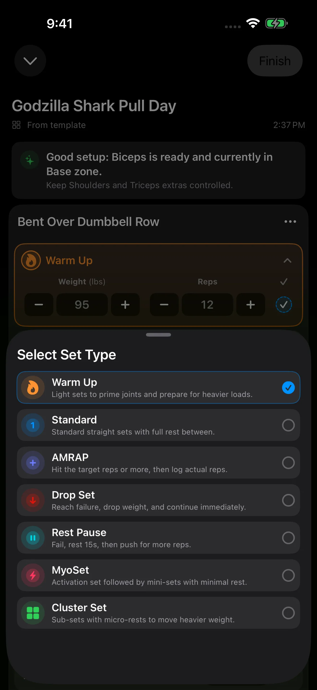 4M Lift set type picker with warm up, standard, drop set, rest pause, myo set, and cluster set options