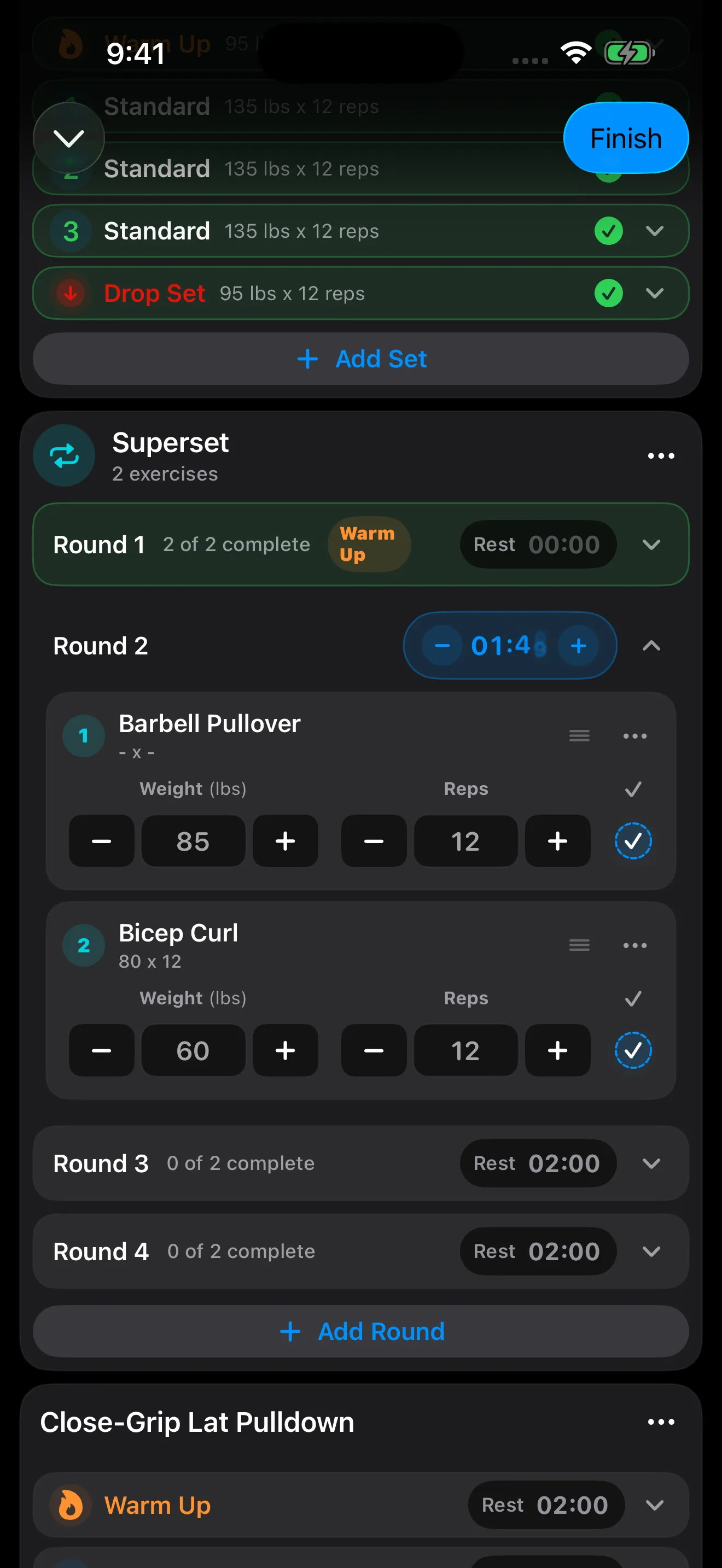 4M Lift workout log showing a superset group with rounds