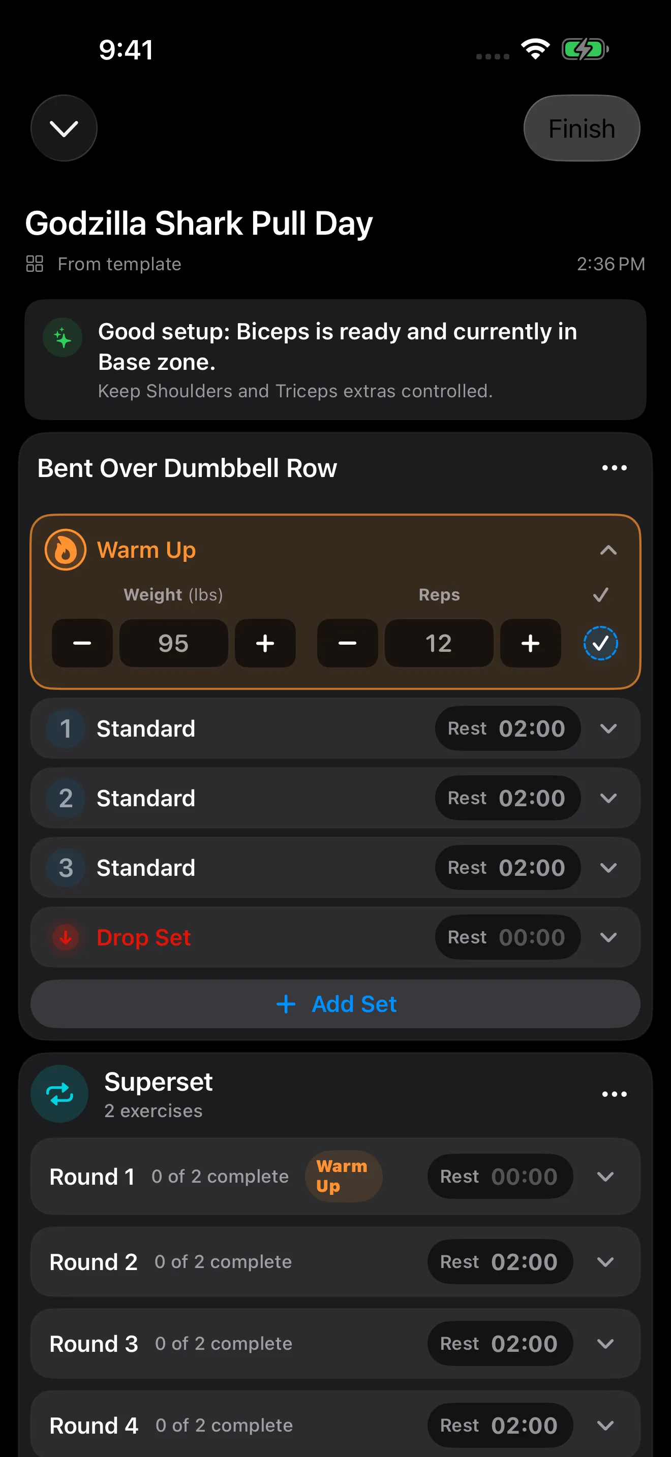 4M Lift workout log with a Push Day template and set controls